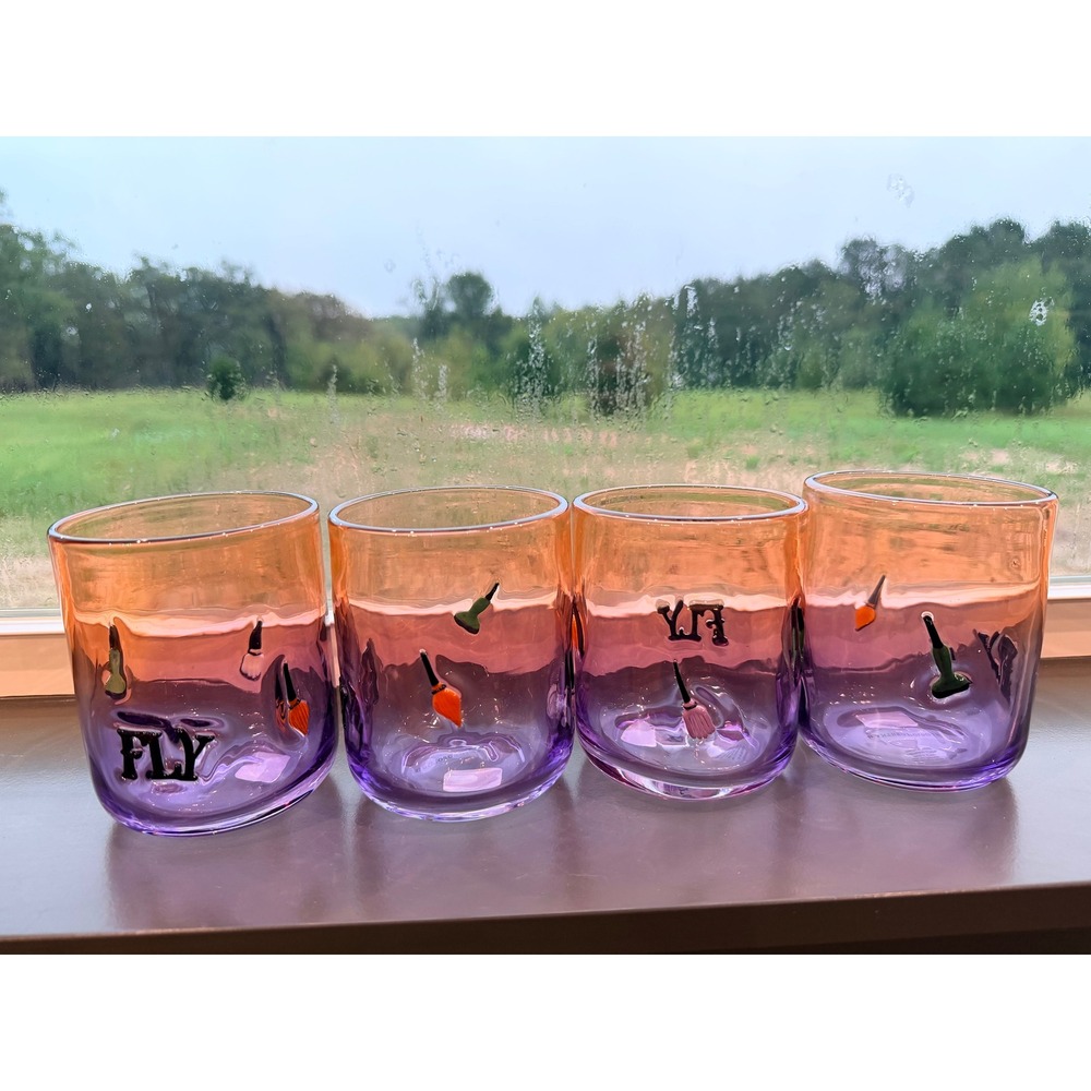Anthropologie Halloween Fly Broom Ombre Juice Glasses Set of 4 Orange Purple